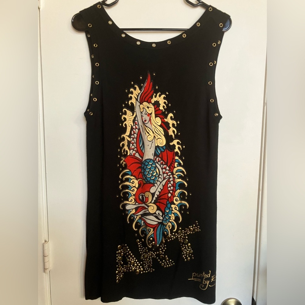 RARE Ed Hardy Black Knit Painted Mermaid ART Dress - WOW!